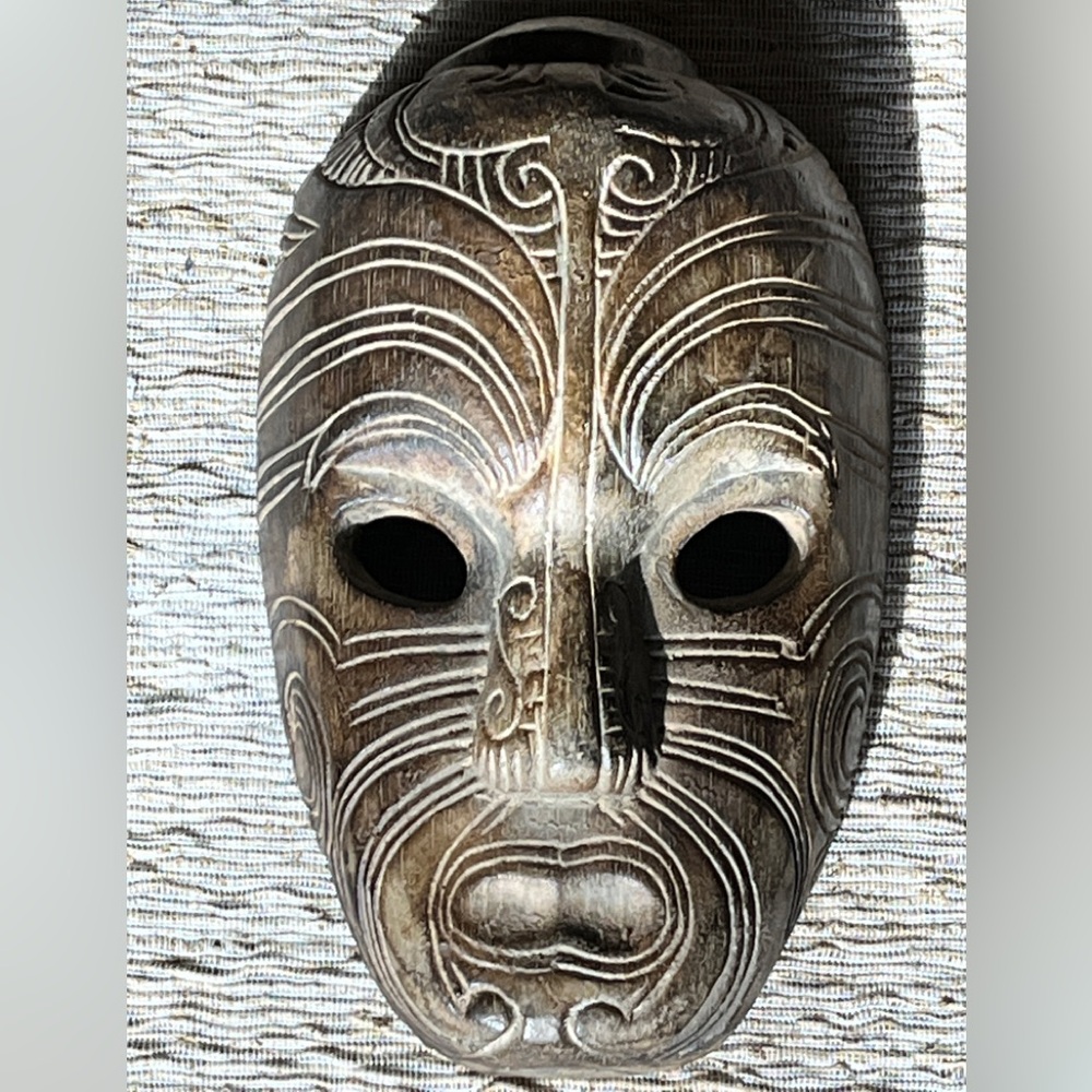 Vintage Hand Carved face mask from South Pacific Māori mirrors facial tattoo art